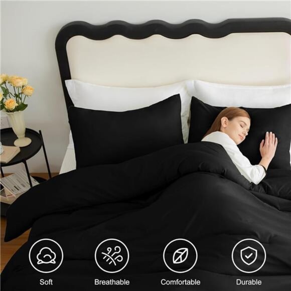 Queen Comforter Set Black, 3 Pieces Solid Queen Comforter Breathable - Picture 4 of 7
